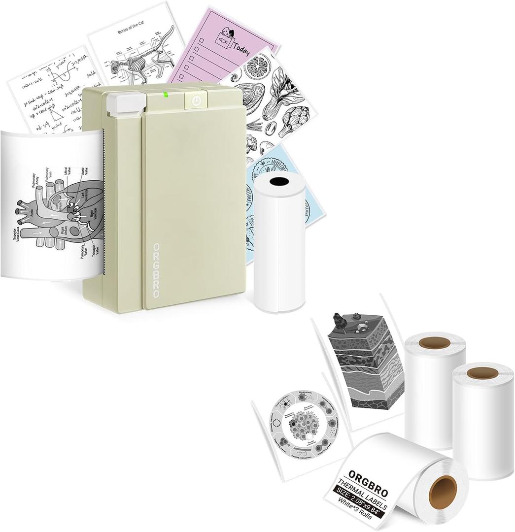 ORGBRO X3 Sticker Printer with 3 Rolls White Thermal Paper, Bluetooth Thermal Printer Support 2-3 Inch Printing Width, 57mm  3m Thermal Paper for Study Notes, Plan Journal, Photo
