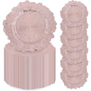 50 Pcs Rose Gold Charger Plates Bulk, 13" Reef Plate Chargers for Dinner Plates, Plastic Floral Decorative Plates for Table Setting, Round Table Chargers for Wedding, Party, Event, Decoration