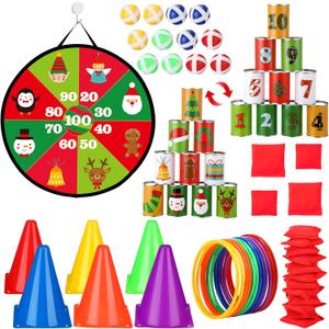 HyDren 58 Pcs Christmas Toss Game Set Knock Down Can Bean Bag Plastic Cones Ring Toss Game Board with Balls for Kids Adults Indoor Outdoor Yard Lawn Carnival Party Favors Games Supplies