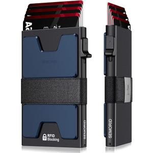 SEMORID Slim Aluminum Card Holder Wallet for Men, Durable Expandable Backplate, RFID Blocking Minimalist Metal Pop Up Wallet, Holds 12+ Cards Plus Cash (Black + Navy)