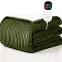 Homemate Heated Blanket Electric Throw - 50"x60" Heating Blanket Throw 1/2/4/6/8 Hours Auto-Off 10 Heat Levels Over-Heat Protection Soft Flannel Sherpa ETL Certification (12 - Olive (Striped))