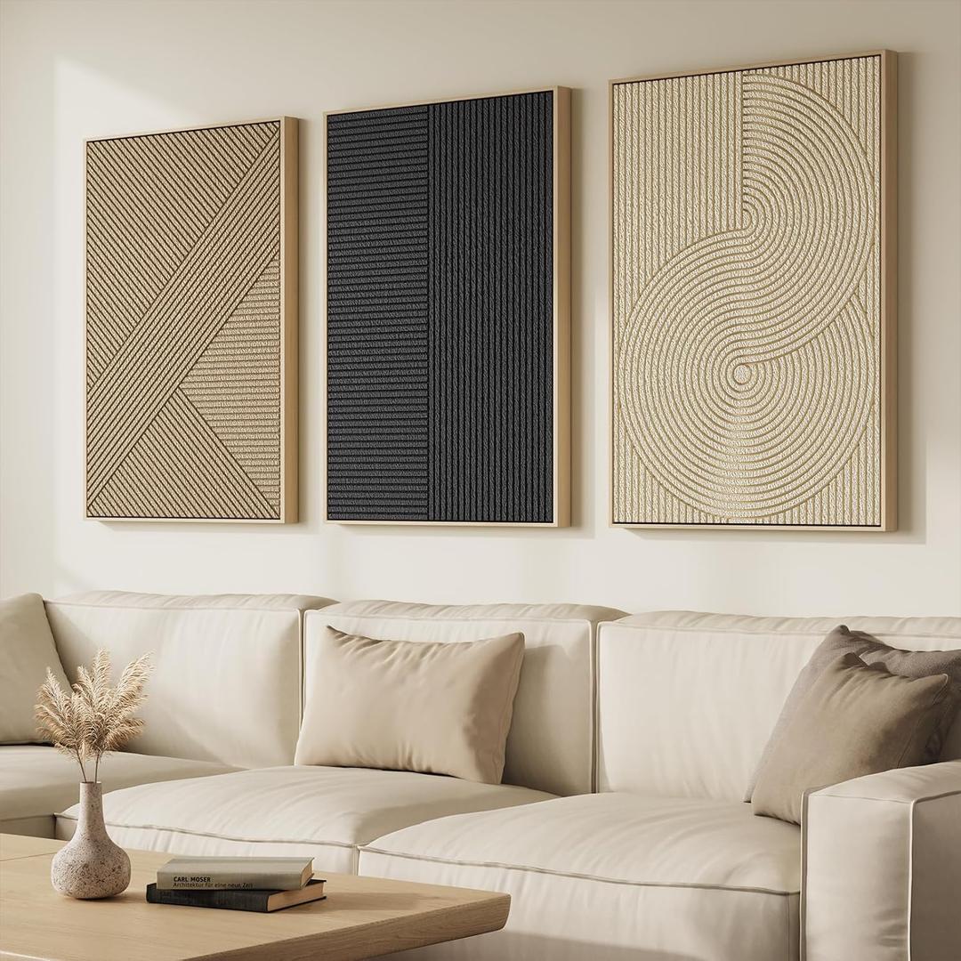 Framed 3D Textured Boho Abstract Wall Art for Living Room, Large 3 Piece Modern Neutral Minimalist Artworks, Black and Beige Geometric Sandstone Prints for Entryway Hallway Office Wall Decor, 24x36 In, 36" H x 24" W x 3Pcs