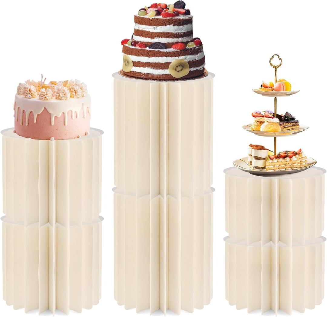 6Pcs Cylinder Stands for Party, Stackable Cream White Pedestal Stands with Acrylic Tops, Foldable Round Cardboard Pillars for Dessert Table Display, Wedding, Birthday & Event Decor