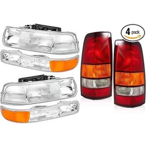 Factory Style Headlights Tail Lights Assembly Combo Compatible with 1999 2000 2001 2002 Chevy Silverado 1500 1500 HD 2500 2500 HD Replacement Head Light Rear Brake Lamp, Chrome Housing Amber Corner
