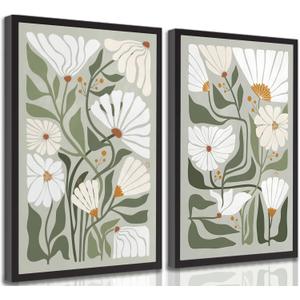 2 Pcs Boho Wildflowers Canvas Wall Art Green Bohemia Abstract Floral Botanical Painting Picture Wall Decor Poster Print Artwork for Living Room Bedroom Bathroom Home Decoration Unframed