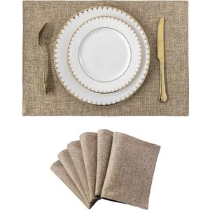 Home Brilliant Fabric Cotton Placemats Set of 6 Heat Resistant Dining Table Place Mats Kitchen Table Mats, Natural Linen