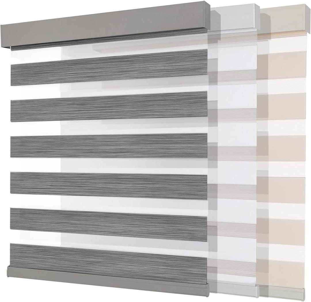 Joydeco Cordless Zebra Blinds (Pro), Dual Layer Light Control Zebra Blinds for Windows, Light-Proof Aluminum Cover, Free-Stop Roller Shades for Home & Office (Gray,34.5" W x 75" H)