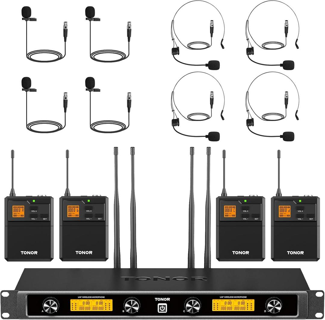 TONOR UHF Wireless Microphones System with Headset/Lavalier Lapel Mics, Bodypack Transmitter, Receiver, 4 * 10 Channels, 90 m/295ft Range for Live Singing Karaoke Church Party DJ, 4 Bodypack Mics