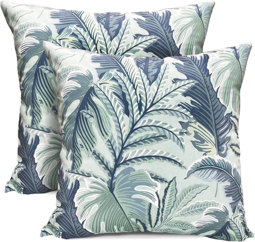 Decorative Throw Pillow Covers Set of 2 Blue Green Large Leaves Pillow Covers 18x18 inch Soft Short Plush Square Floral Throw Pillows,Farmhouse Outdoor Pillow Covers for Couch Living Room