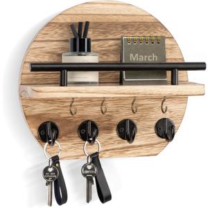 Nekon Key Holder for Wall - 9.8 Inch Apartment Wall Decor with Shelf and 8 Key Hooks, Circular Wood Key Hanger for Home Decor (Wood)