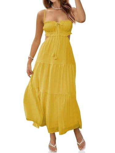 Fisoew Women's Spaghetti Strap Maxi Dress Summer Sleeveless Side Cut Out Dress Casual Boho Backless Flowy Long Dresses Yellow, Medium