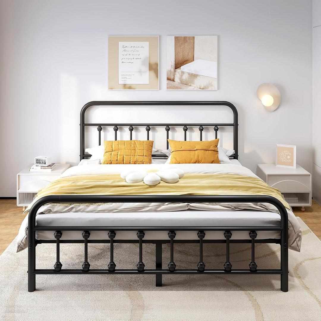 Vengarus Metal Bed Frame, 14 Inch Tall, Structurally Stable Heavy Duty Steel Slat Supported, with Victorian Vintage Headboard and Footboard, Under Bed Storage, No Box Spring Needed, Queen, Black