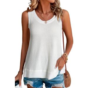 BLENCOT Women's Tops Waffle Knit Summer Tank Tops Casual Scoop Neck Sleeveless Loose Tunic Shirts (White, M)
