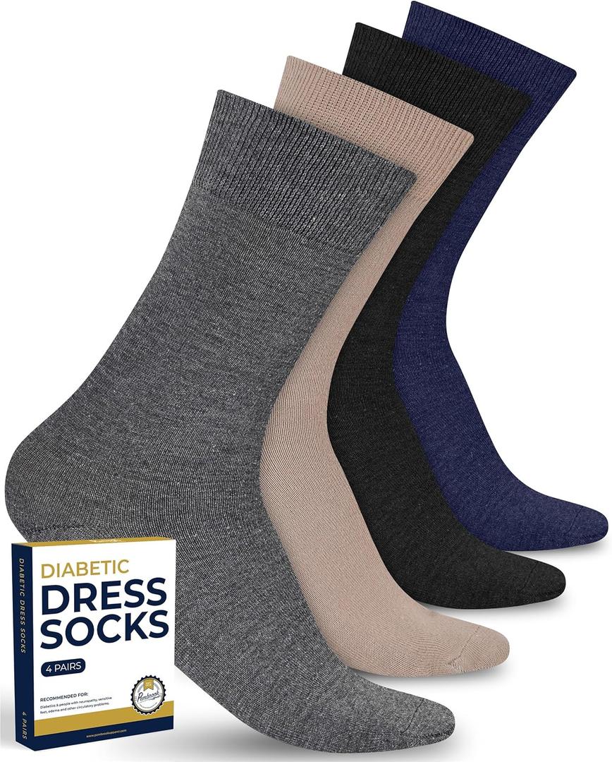 Pembrook Diabetic Dress Socks for Men - 4 Pairs Odor Free Stylish Diabetic Socks for Men Work | Mens Diabetic Socks Casual (Large, Black/Beige/Gray/Navy - 4 Pairs)
