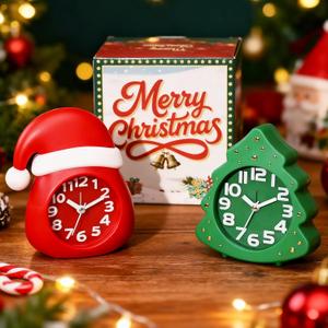 AYRELY Christmas Alarm Clock Gift Set  2 Silent Analog Clocks (Santa Hat & Christmas Tree), Ready-to-Gift Holiday Edition for Kids & Family, with Festive Gift Box (Green-red)