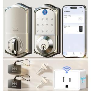 Veise VE017G Wi-Fi Keyless Entry Door Lock with Fingerprint, App Remote Control, Smart Locks for Front Door, Electronic Keypad Deadbolt, Auto Locking, Waterproof, Easy to Install, Satin Nickel