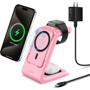 Smtcsl 3 in 1 Wireless Charging Station: 5000mAh Removable Power Bank Charger Stand for Phone/Watch/Air Pods - Portable Magnetic Battery Pack for Air 17 16 15 14 13 12 Series Pink