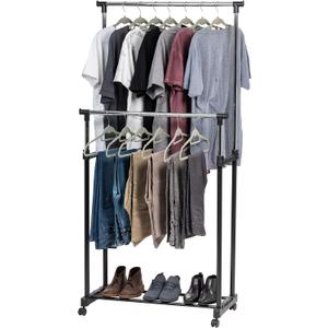 IRIS USA Clothes Rack, Portable Double-Rod Height Adjustable with Lockable Wheels, Rolling Garment Rack, Double Rod Wardrobe Rack, Easy Assemble, for Clothes, Belts, Shoes, and Bags