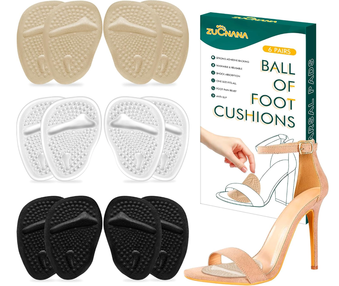 ZUCNANA Metatarsal Pads Ball of Foot Cushions (6 Pairs), Non Slip High Heel Cushion Inserts Women, One Size Fits All Shoe Inserts for Women and Men, Reusable Foot Pads All Day Pain Relief and Comfort
