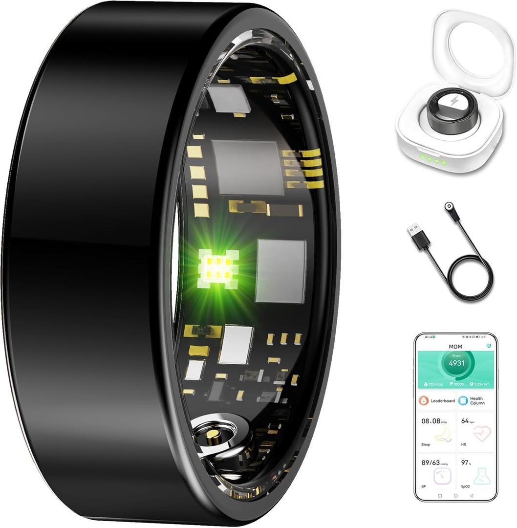 Smart Ring for Women & Men, Fitness Tracker with Heart Rate, Blood Oxygen, Blood Pressure, Sleep Monitoring, Step Counting, IP68 Waterproof for iPhone and Android Black 14
