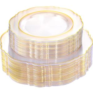 WDF 100pcs Clear Disposable Plastic Plates With Gold Trim - Baroque Clear Gold for Parties or Wedding or Thanksgiving - including 50PCS Dinner Plates 10.25inch and 50PCS Salad Plates 7.5inch