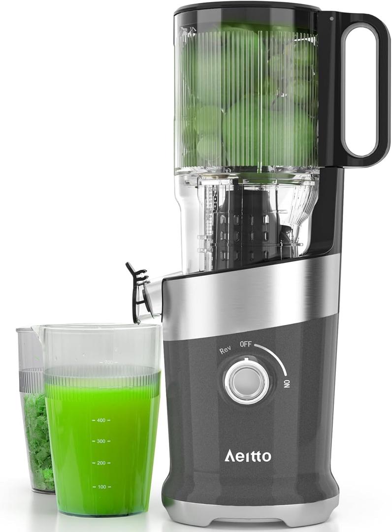 Juicer Machines For Whole Fruits, Aeitto Cold Press Juicer with Wide Feed Chute, Self Feeding Juice Extractor Machine, Easy to Assemble, Easy to Clean with Brush, High Juice Yield