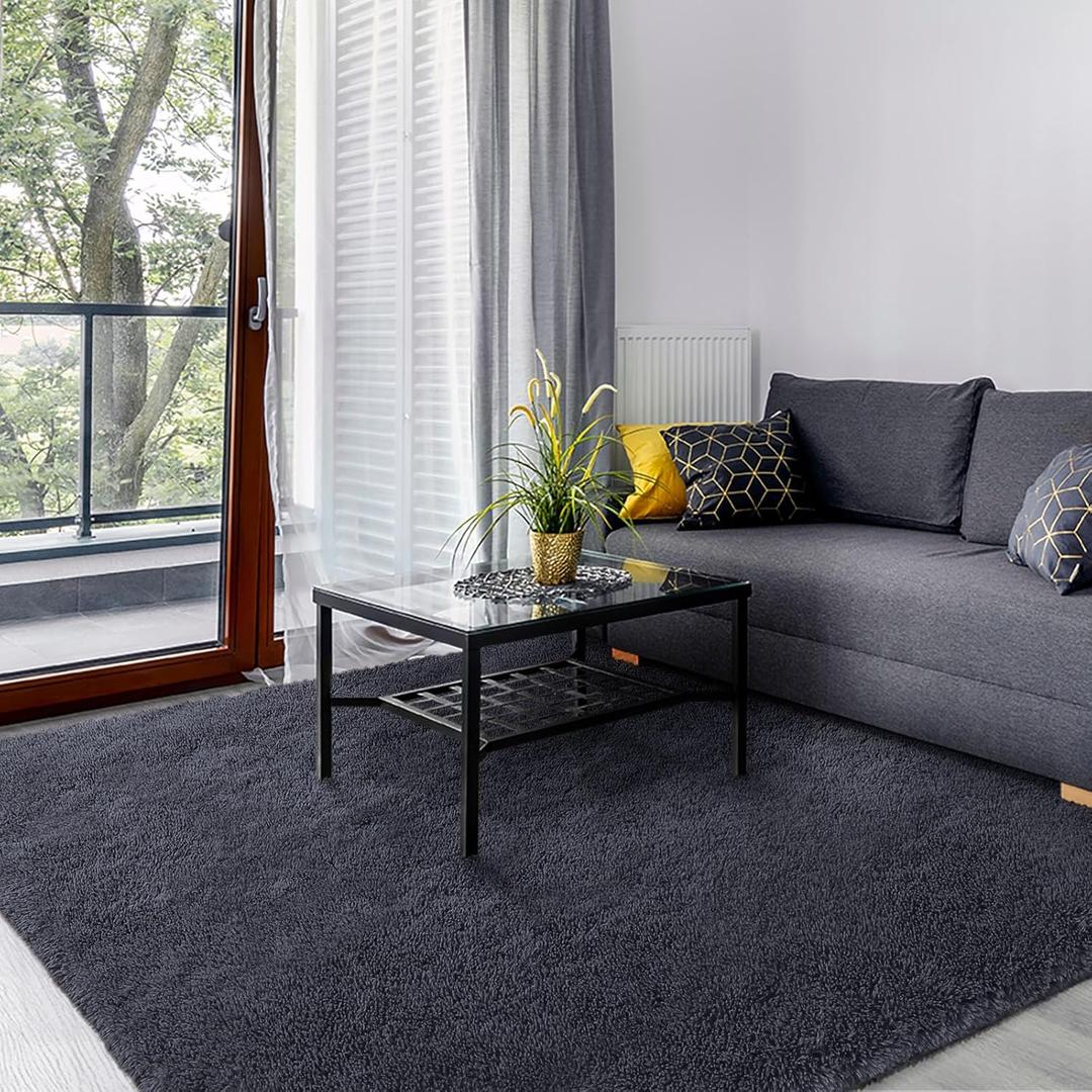 Area Rugs for Bedroom Living Room, 5x7 ft Solid Fluffy Shaggy Carpet, Washable Non-Slip Soft Rug for Kids Nursery and Home Decor, Charcoal Grey (5x7 Feet)