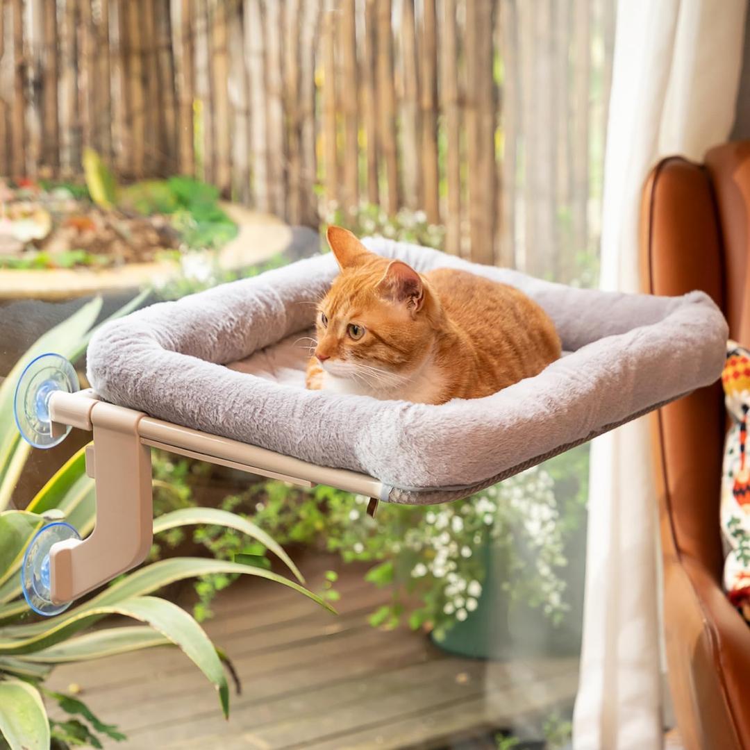 Window Sill Cat Perch with Large Bolster, Strong Metal Frame, Tool-Free, Easy to Assemble & Adjust, Suction Cups, Perfect for Window Sills, Bedside and Glass (Gray, Large)