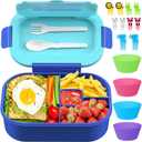 Kids Bento Lunch Box Leakproof Lunch Box with 4 Compartments Lunch Containers with Tableware Kids Bento School Lunch Boxes with Container 44oz, Microwave Dishwasher Freezer Safe (Blue)