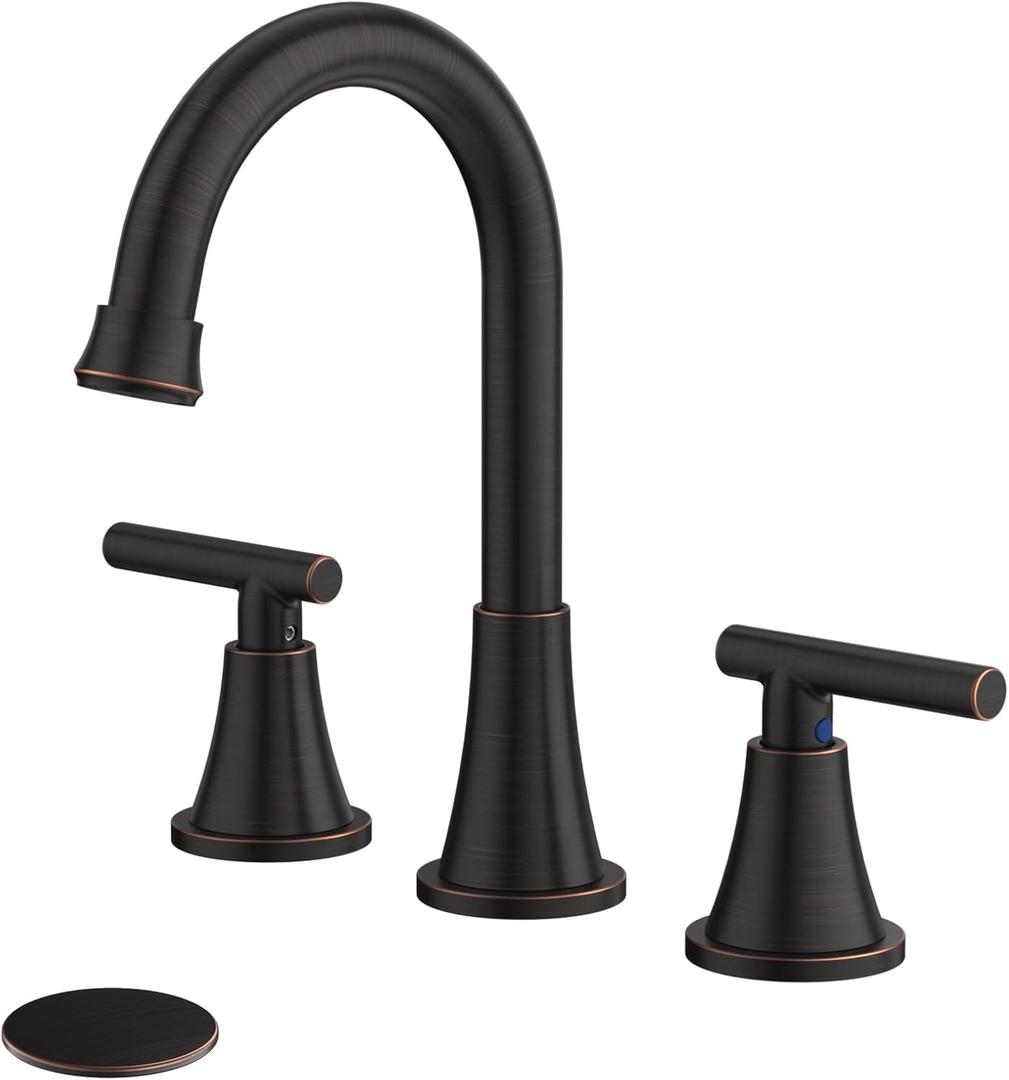 Bathroom Faucets for Sink 3 Hole, Hurran Oil Rubbed Bronze Bathroom Sink Faucet with Pop-up Drain and Supply Lines, Stainless Steel Lead-Free Widespread Faucet for Vanity RV Farmhouse (8 Inch)