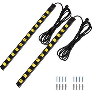 SURAIELEC 12 Outlet Long Metal Power Strip, 15FT Cord Surge Protector, Angled Flat Plug, Wide Spaced Outlet Bar, 15A Breaker, Wall Mountable, Industrial Heavy Duty for Work Bench, Shop, Garage, 2 Pack