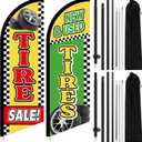2 Pcs 8.2 Feet Tire Sale King Flags New and Used Tires Shop Feather Flags with Pole for Businesses Highly Visible Weatherproof Polyester Banner to Sale Tyre Advertising Signs Supplies