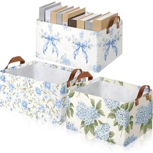 Boao 3 Pcs Blue Hydrangea Bow Storage Bin Flowers Collapsible Large Storage Baskets for Gifts Canvas Laundry Basket Foldable Box with Handle for Office Home Bedroom Clothes (15 x 11 x 8 Inches)