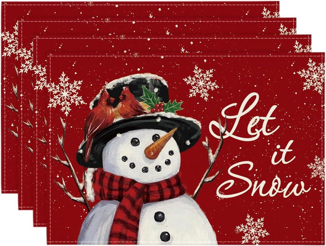 Artoid Mode Red Snowman Let It Snow Winter Placemats Set of 4, 12x18 Inch Seasonal Christmas Holiday Table Mats for Party Kitchen Dining Decoration