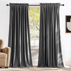 NICETOWN Grey Luxury Velvet Curtain Panels 96 inches Long 2 Panels, Home Decoration Blackout Window Treatments for Living Room/Bedroom/Home Theatre, 52 x 96