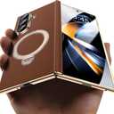 for Galaxy Z Fold 6 Case Luxury Leather with Screen Protector [Hinge Protection],Fit for Magsafe,Magnetic Kickstand & Ring Holder for Samsung Zfold 6 Case Brown