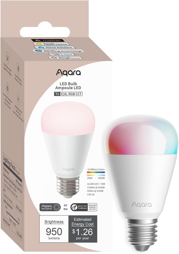 Aqara Thread/Zigbee Smart LED Light Bulb T2 E26, Tunable White (2000K-9000K), RGB Color Changing Light Bulb with 16 Million Colors, 75W Equivalent, Matter, Works with HomeKit, Alexa, Google & More
