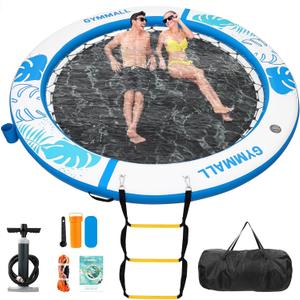 Inflatable Water Hammock Floating Dock 8 FT with Mesh, Tanning Pool Float Round Ring for Adults, Sunchill Mat Raft Platform for Lake and Beach with Water Ladder and Cup Holder (Blue White)