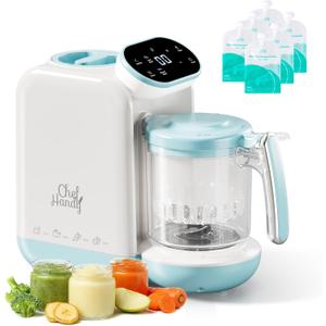Chefhandy Baby Food Maker, 5-in-1 Baby Food Steamer & Blender with Auto and Manual Blending, Puree Maker, Bottle Warmer & Sterili-zer, BPA-Free, with 6 Food Pouches (White Blue)