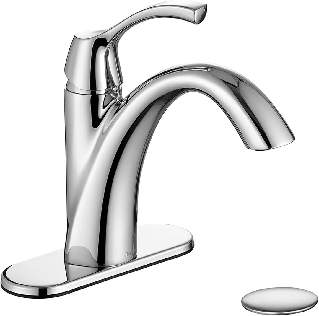 Chrome Bathroom Faucet, Single Handle Bathroom Sink Faucet for 1 Hole with 3 Holes Deck Plate, Lavatory Vanity Faucets, Pop Up Drain and Water Supply Lines Included, TAF206-CP