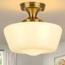 Gold Semi Flush Mount Ceiling Light Fixture, 12" Wide Opal Milk Glass Shade, Vintage Schoolhouse Style Lighting for Kitchen, Bedroom, Hallway, Modern Mid-Century White Lamp, Entryway Foyer (Milk White B)
