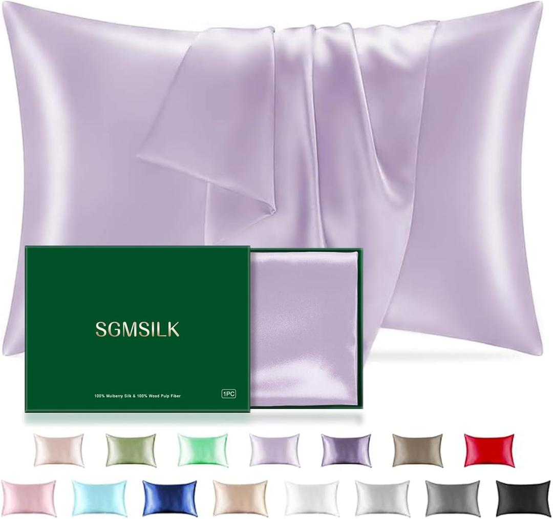 SGMSILK Mulberry Silk Pillowcase for Hair and Skin, SGMSILK 22 Momme Natural Silk Pillow Cases with Zipper, 6A Soft and Smooth Single Sided Pure Silk Pillow Cover (Light Purple, King 20"x36")