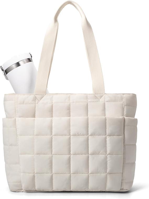 befen Laptop Tote Bag for Women Work, Travel Tote Bags Nurse Puffer Quilted Handbags, Lightweight Waterproof Beach Purse, A-Beige