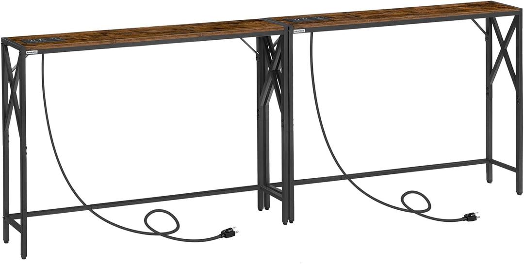 2 Pack Narrow Sofa Table with Charging Station, 39.4" L x 5.9" W x 29" H, Skinny Console Table, Long Entryway Hallway Couch Table with Power Outlets, Rustic Brown CTHR151E01S2