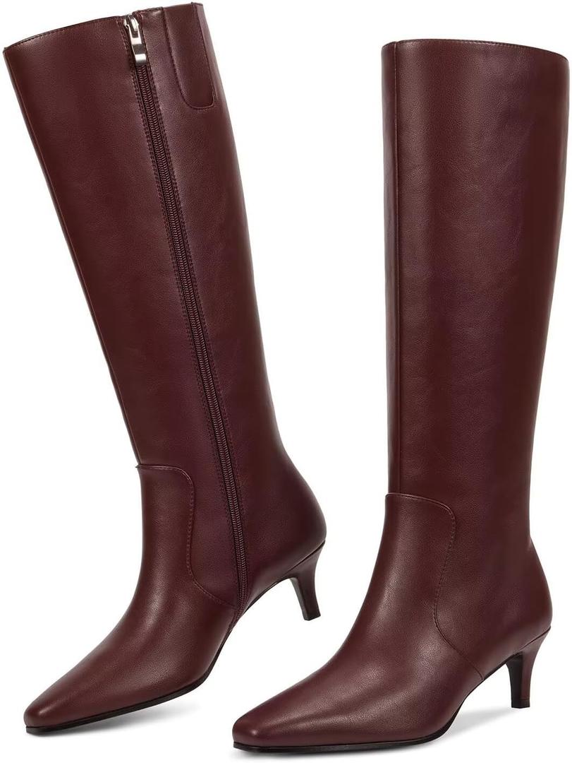 wetkiss Rhinestone/PU Low Chunky Pointed Toe Knee High Boots for Women with Full Bling Sparkly Crystals Booties for Wedding Party Date Dress (7, Kitten Burgundy Red)