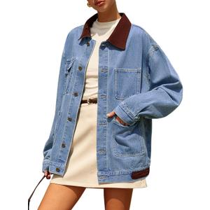 Denim Jacket for Women Contrast Collar Oversized Jean Jacket Women Long Sleeve Button down Barn jackets Coat (Medium, Blue)