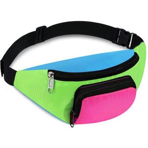 Xuniea 80s Retro Neon Fanny Pack 2 Pockets Belt Bags 90s Costumes for Women Men Waist Packs for Holiday Festival 80s Theme Halloween Party(Green Bottom)