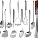 15PCS Cooking Utensils Set - 304 Stainless Steel Kitchen Utensils Set, Metal Cooking Tools & Serving Utensils, Potato Masher, Whisk, Turner, Serving Spoon, Fork, Tongs, Skimmer, Ladle, Dishwasher Safe