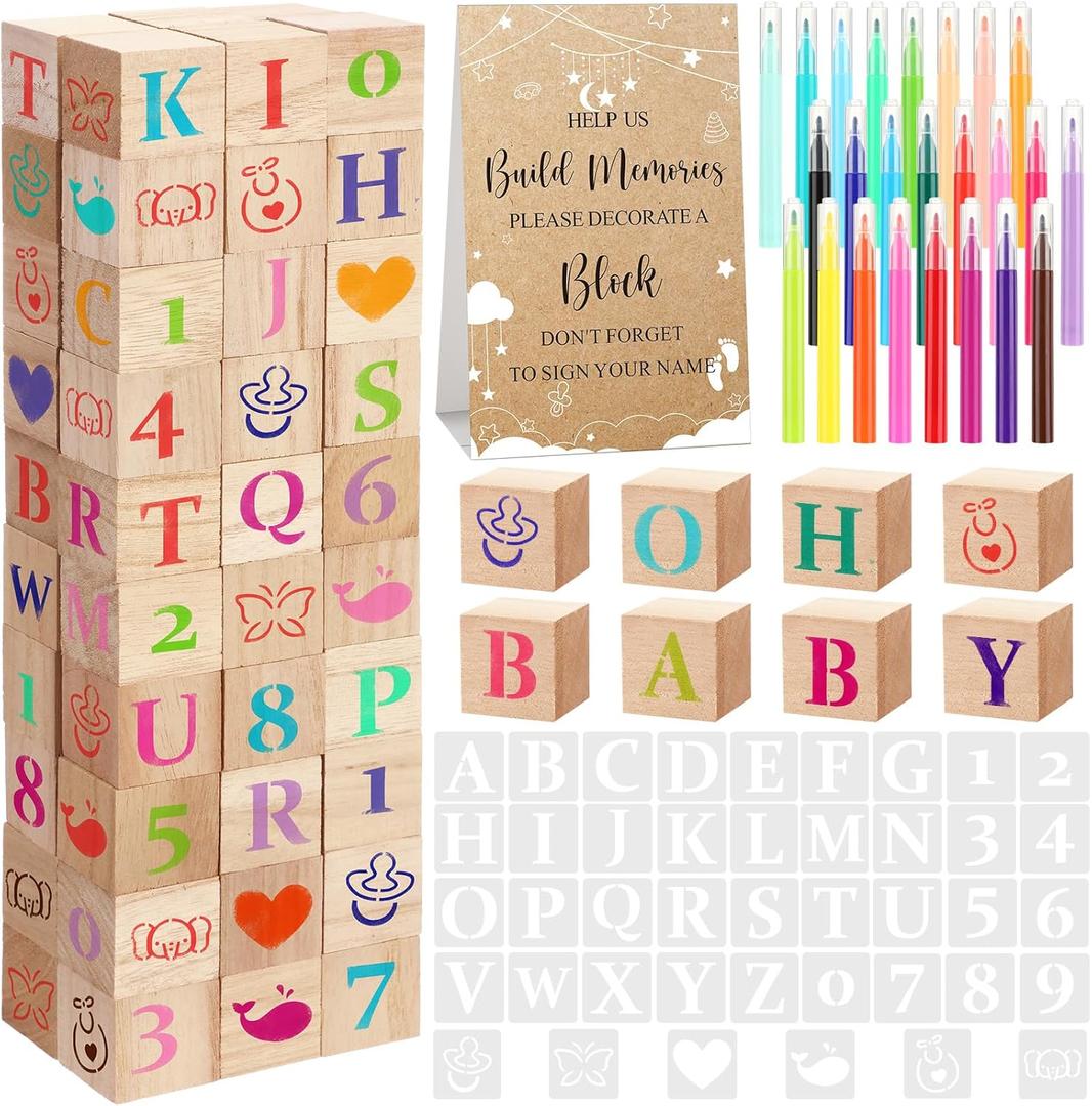 147 Pcs Baby Shower Blocks Games Sets, 80 DIY Blank Wooden Block 42 Stencils 24 Watercolor Marker 1 Decorate a Block Game Sign for Gender Reveal Baby Shower Party Supplies(Kraft)