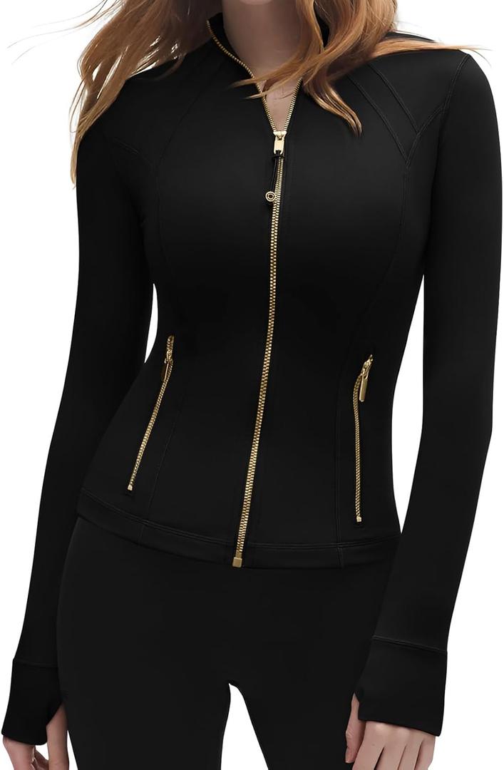 SUUKSESS Women Golden Full Zip Up Workout Cropped Jackets Lightweight Athletic Yoga Tops (X-Large, Black)